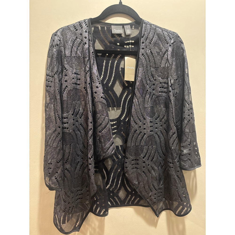NWT Chico's Travelers Deco Lace Jacket Citystorm Gray Metallic Shimmer Size 1 M
